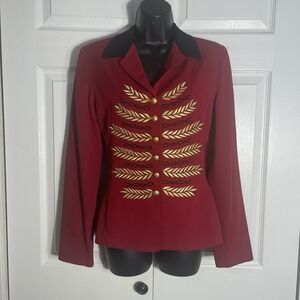 Vintage Karen Kane Military Style Blazer Women 4 Red Gold Embroidered Y2K Band